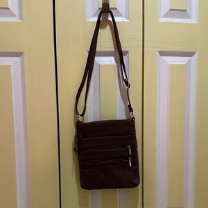Brown Genuine Leather Crossbody Bag with Zipper Pockets